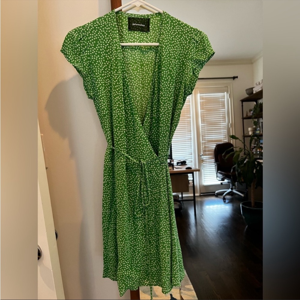 Reformation green floral wrap dress
